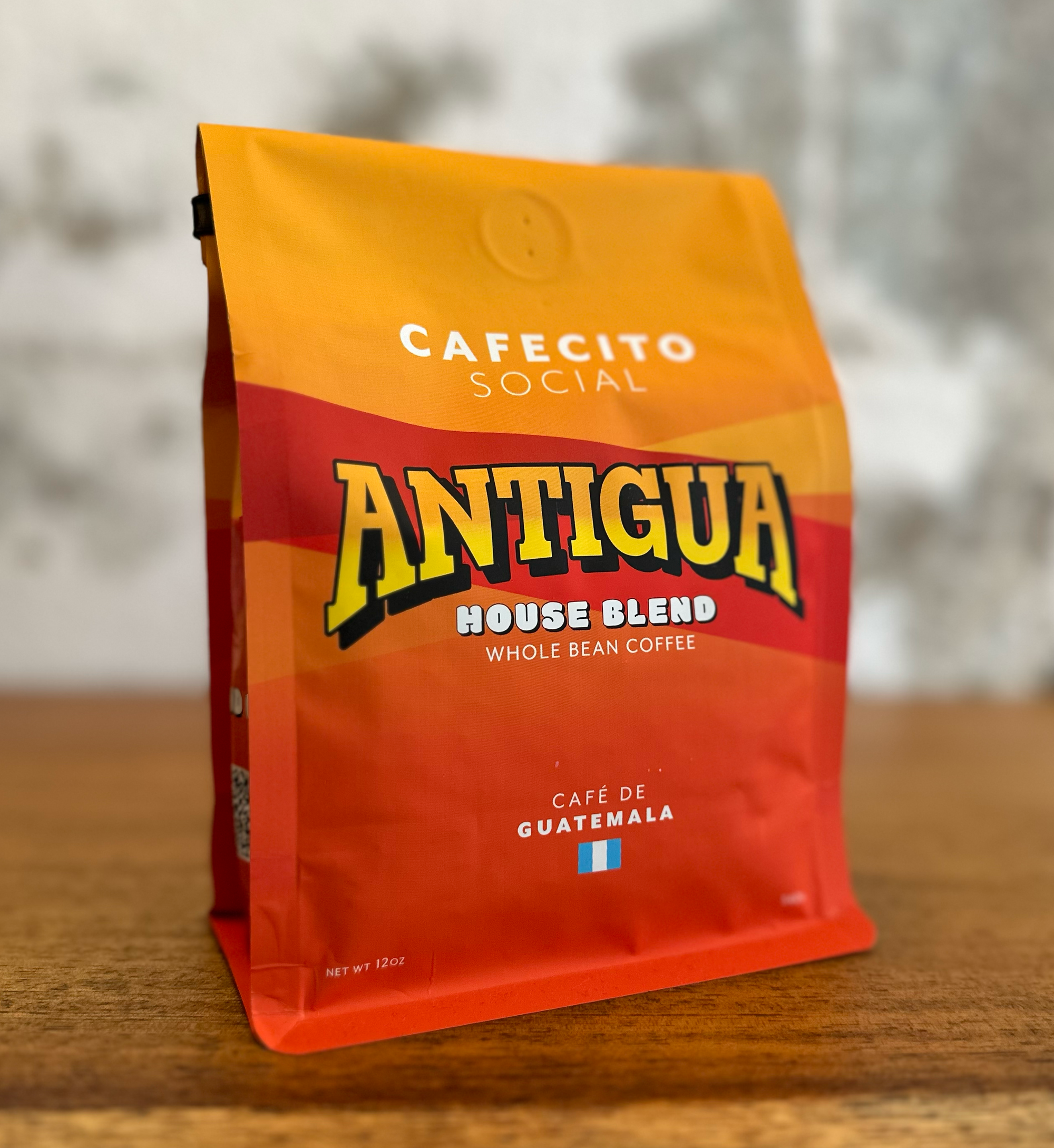 Antigua House Blend coffee bag – Cafecito Social smooth & balanced Guatemalan coffee beans at an angle